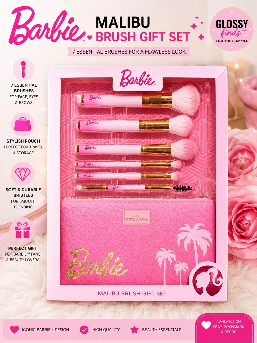 Barbie Malibu 6 Pc Makeup Brush Gift Set w/ Pink Cosmetic Pouch New